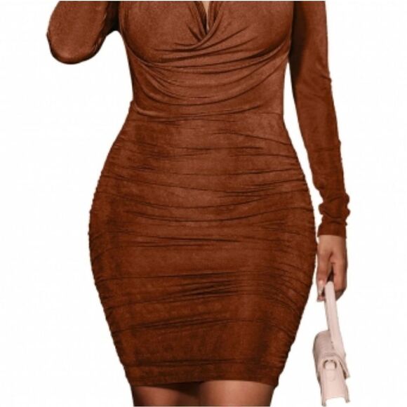 Coffee Long Sleeve Halter V-Neck Silk Bodycon Mini Dress sz Medium - Picture 2 of 14